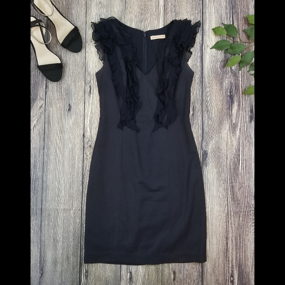 Rebecca Taylor Ruffle V Neck Wool Silk Blend Navy Dress